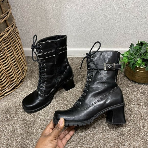 Amanda Smith Shoes - Vtg 90's Amanda Smith Size 6 M Black Leather Chunky Boots Lace Up Y2 Goth Punk